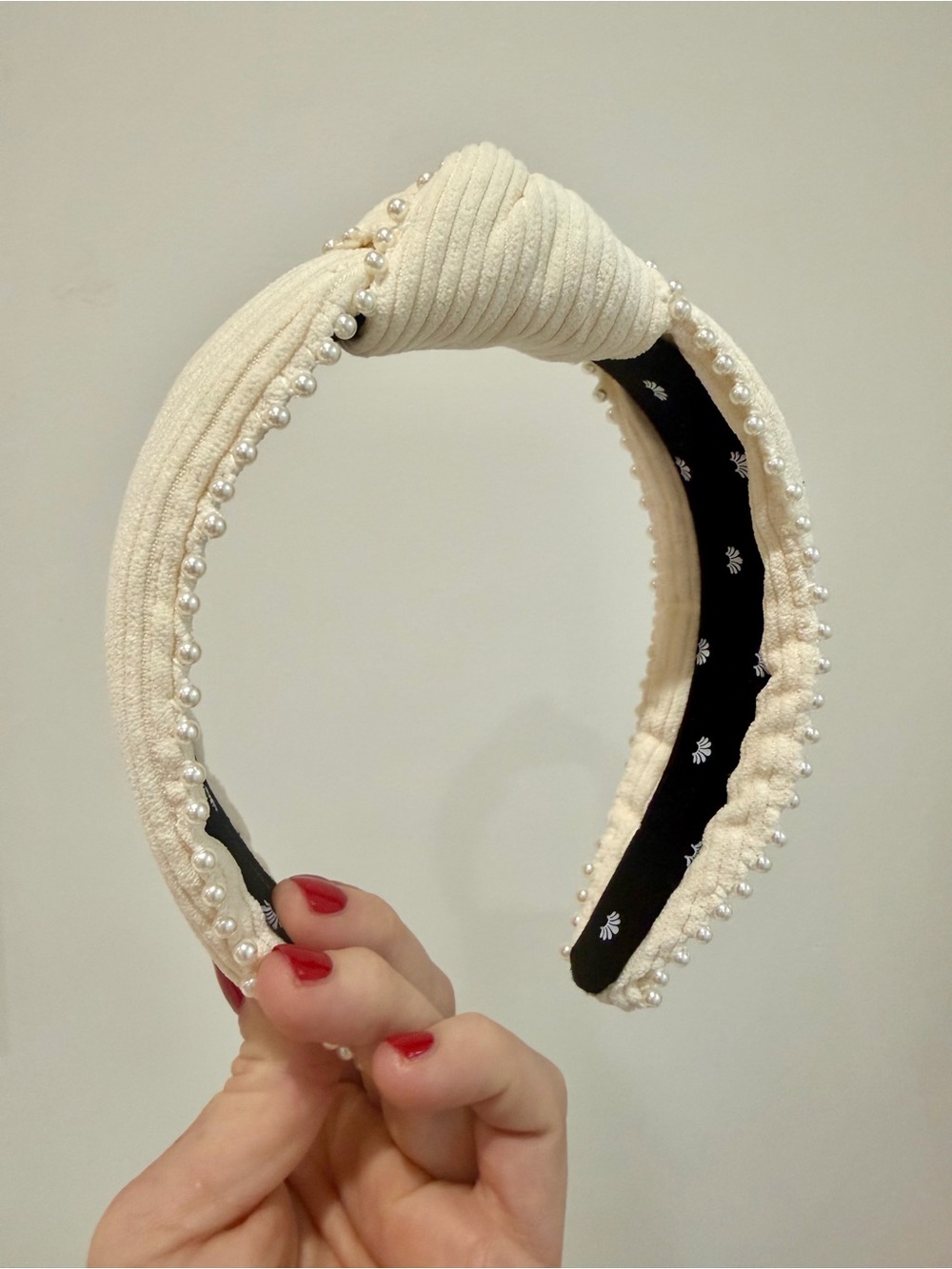 Lele Sadoughi Knotted Pearl Edge Headband Cream Ribbed Ivory